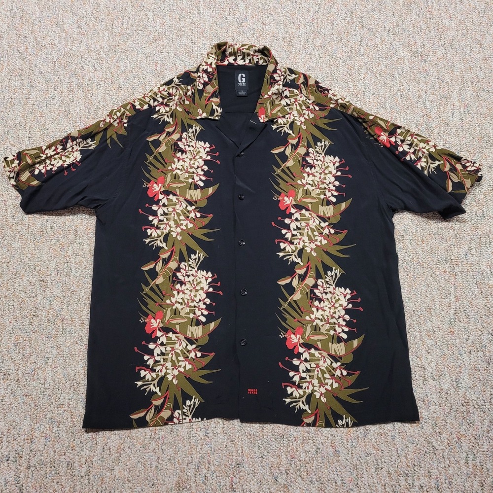 Vintage Guess Shirt Mens XL Black Floral‎ Tropical Hibiscus Rayon Short Sleeve